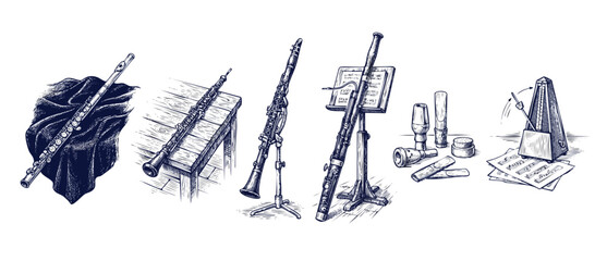 Woodwinds musical instruments sketch set of flute, oboe, clarinet, bassoon, metronome, and reeds. Vintage engraved style illustration of classical orchestra woodwinds, isolated on white background. © Dinali