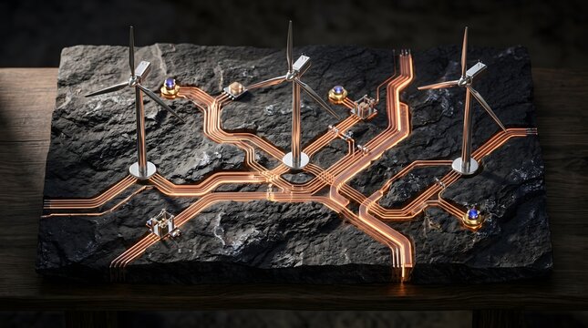 Conceptual microchip circuit board with miniature wind turbines on a stone surface