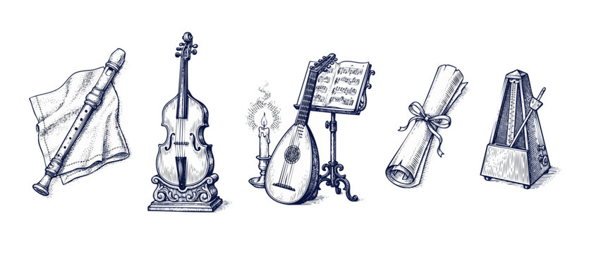 Vintage music instruments engraving set featuring violin flute lute sheet music metronome scroll candle hand drawn sketch isolated on white background for classical concert orchestra design elements.