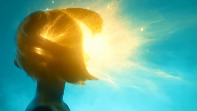 Slow motion static side profile of mannequin head with golden light burst and particles in blue studio backdrop, surreal concept