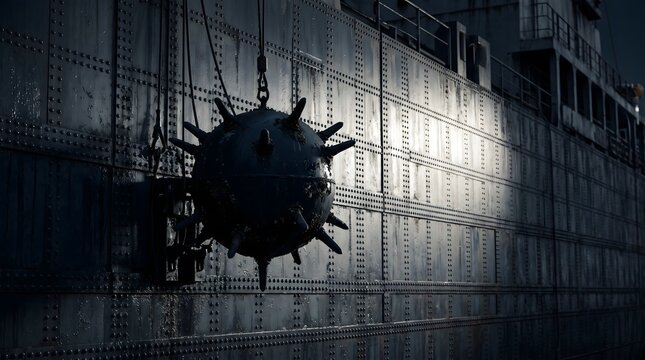 Large naval mine attached to the side of a dark metal ship hull