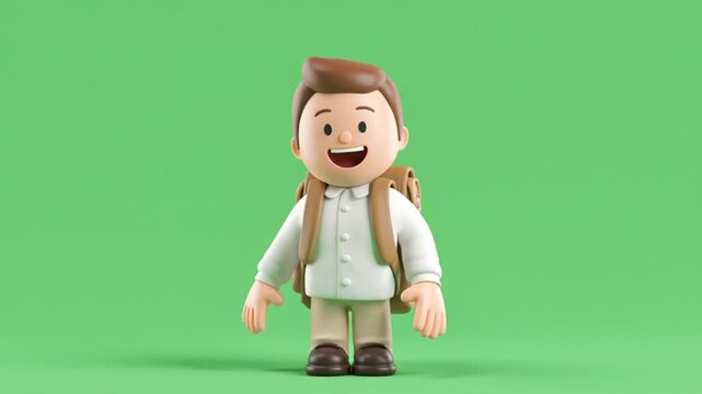 Cartoon character boy with backpack while waving on green background