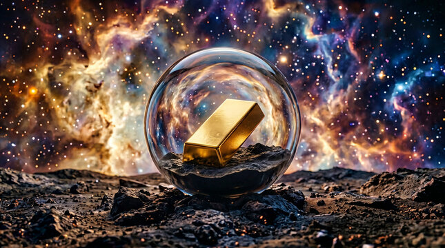 a gold bullion with a nebula background
