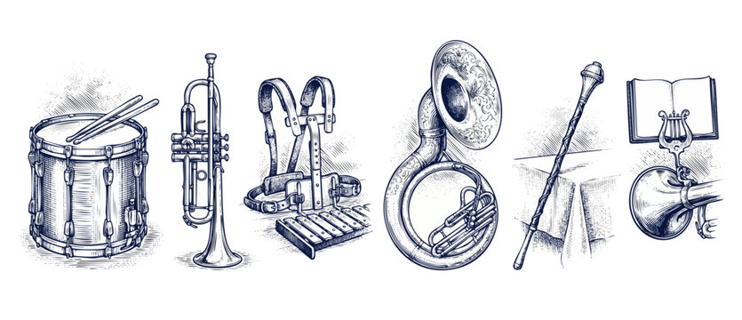 Marching band instruments set in vintage hand-drawn engraving style, featuring snare drum, trumpet, glockenspiel harness, sousaphone tuba, drum major mace, and sheet music lyre on white background.