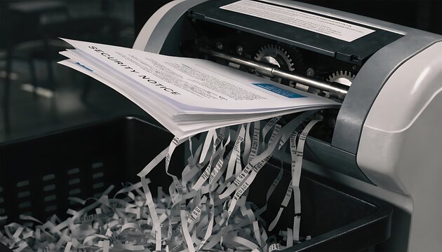 A close-up office security scene showing a modern paper shredder actively feeding in a stack of sensitive documents, with thin strips of shredded confidential files spilling out into a collection bin 