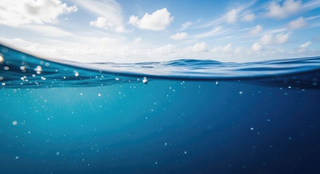 Ocean surface and sky background tranquil blue water with clouds for digital design and marine themes