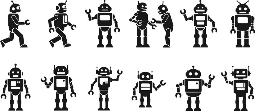 Robot silhouette icons, artificial intelligence vector set, technology design illustration, automation concept art, futuristic machine graphic, robotics decor