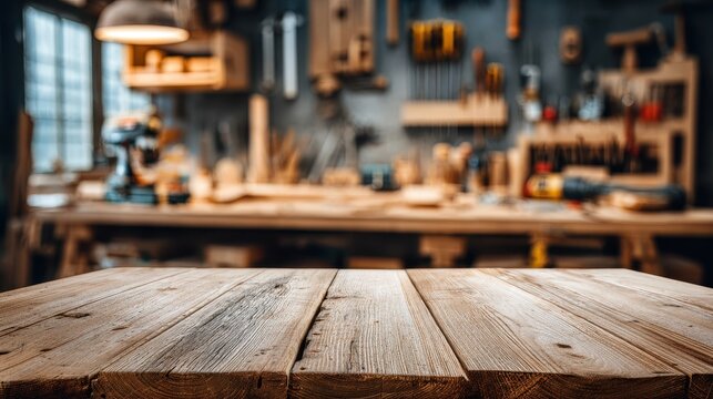 Rustic wooden workbench with blurred carpenter workshop background