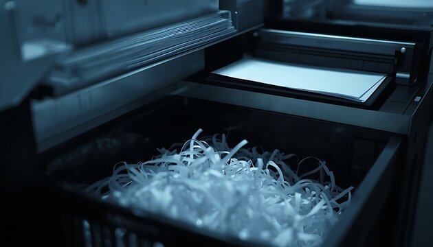 A close-up office security scene showing a modern paper shredder actively feeding in a stack of sensitive documents, with thin strips of shredded confidential files spilling out into a collection bin 