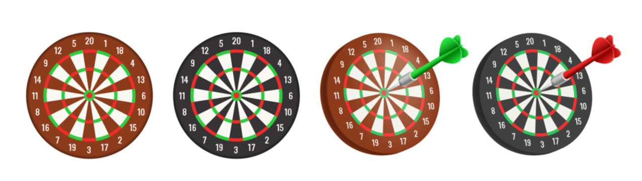 Darts. Darts board with dart in bullseye. Vector 3D isometric illustration.