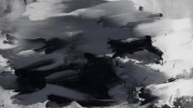 Time lapse view of abstract paint strokes blending and spreading across canvas surface in studio close up tracking pan of monochrome oil and acrylic texture