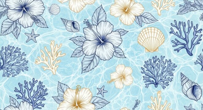 Tropical ocean seamless pattern hibiscus flowers coral shells and starfish background for fabric design