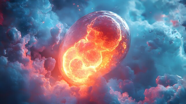 Dreamlike embryo sphere shining inside mystical cloudy sky photography
