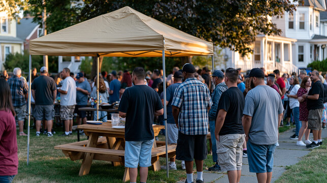 Labor Day morning neighborhood scene with families and tradespeople gathered at a community cookout in a park, union worker pride, working-class celebration, seasonal holiday
