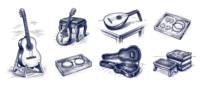 Vintage acoustic guitar mandolin illustration set, hand-drawn sketch elements featuring retro musical instruments, strings, picks, case, and lute in classic engraved woodcut style for music artworks.