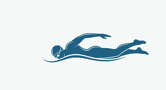 Blue swimmer silhouette performing freestyle stroke on white background