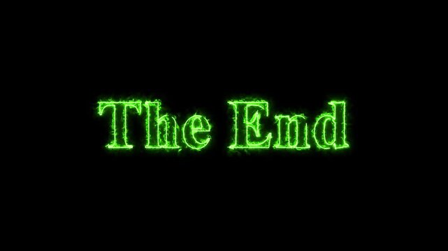 The End text word green plasma animation loop with electric glow text effect. 4K seamless looping The End title element for movie trailer, gaming video, cinematic ending screen. Futuristic Neon Style.