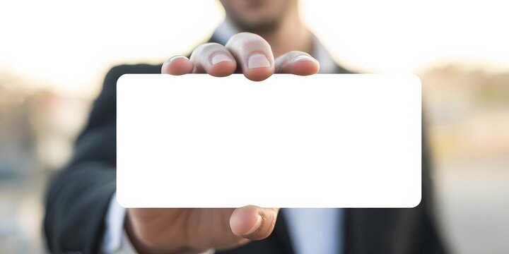 Person Holding Blank Note Card in Hand for Marketing Message, Advertising and Promotional Mockup. High-quality professional photograph featuring a person holding a blank white note card, ticket 