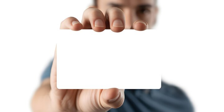 Person Holding Blank Note Card in Hand for Marketing Message, Advertising and Promotional Mockup. High-quality professional photograph featuring a person holding a blank white note card, ticket 
