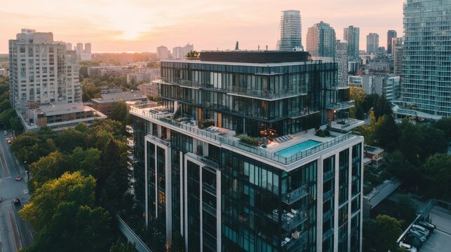Aerial view of a luxury residential skyscraper with a rooftop swimming pool at sunset