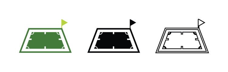 Soccer field icon set. Pitch illustration in green, black, and outline styles. Perspective view with corner flag. © GraphicHive
