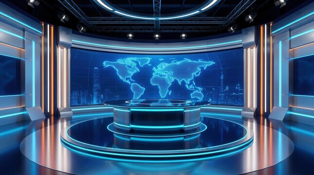 Futuristic 3D virtual studio set for news programs and television broadcast slides.