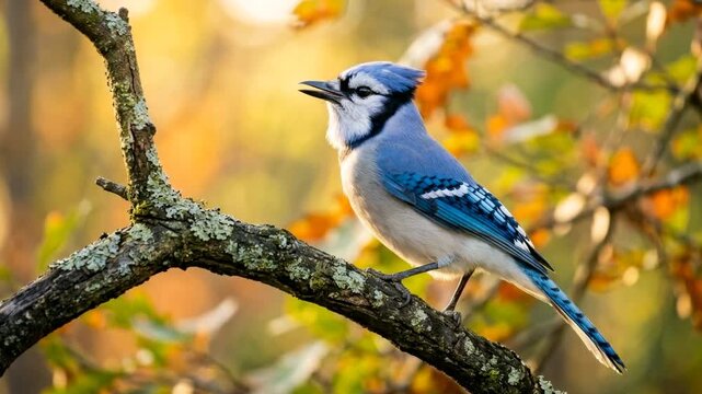 blue jay singing on branch close up golden light video