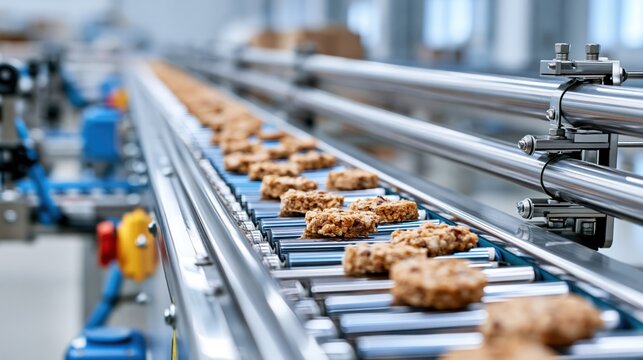 Automated production line processing food bars in a modern factory setting