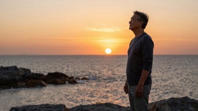 Middle aged man standing on rocks watching sunset over sea