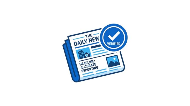 Daily news newspaper icon with blue verified check mark stamp representing accurate reporting and trusted journalism sources
