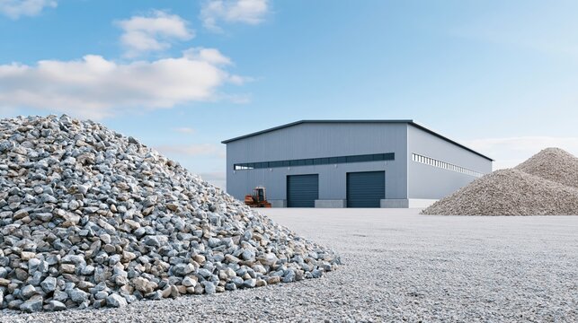 Industrial warehouse with piles of gravel and a small bulldozer on a clear day