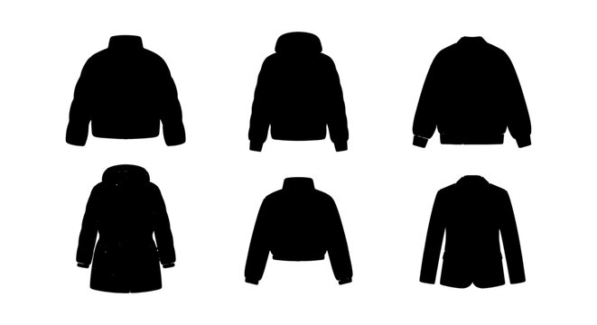 Six Black Jacket Silhouettes, Winter Coats and Blazers Collection, Fashion Apparel Icons