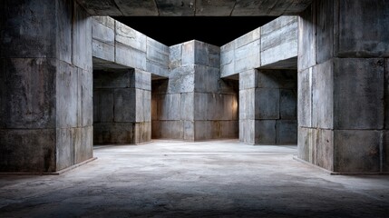 Fototapeta premium Dimly lit concrete structure with intersecting corridors and rough textured walls