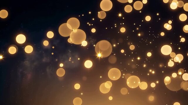 Golden bokeh light particles sparkling on a dark gradient background 4k video
