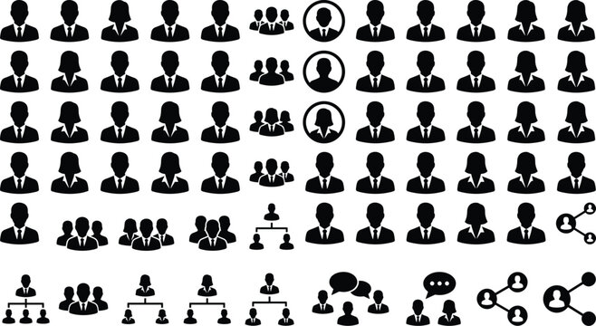 Silhouettes of professionals with organizational charts, groups, gears, and communication icons symbolizing teamwork, leadership, networking, and corporate management structure