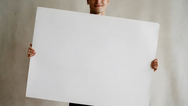 Person Holding Blank Poster Board for Advertising, Marketing Campaigns and Promotional Messages. High-quality professional photograph featuring a person holding a large blank white poster board direct