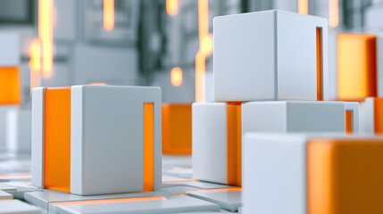Small white cubes with an orange highlight, an abstract corporate structure, an idea-centered theme, a contemporary design foundation.