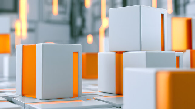 Small white cubes with an orange highlight, an abstract corporate structure, an idea-centered theme, a contemporary design foundation.