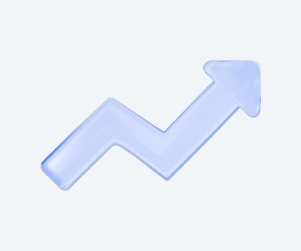 3D vector icon of a blue glass upward arrow chart representing business growth, financial success, profit, revenue increase, stock market performance, investment returns and economic progress