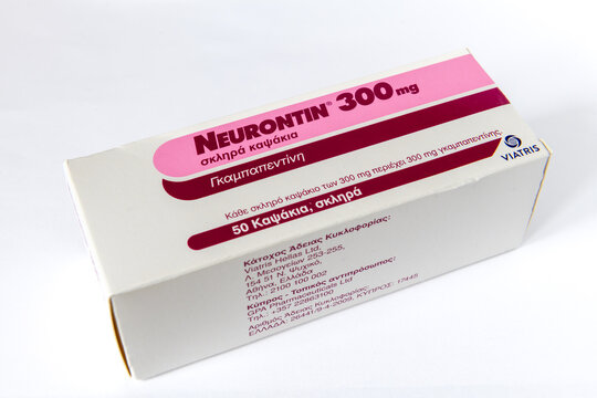 London. UK- June 07. 2026. A package of Neurontin 300mg medicine capsules for nerve pain relieve isolated on white.