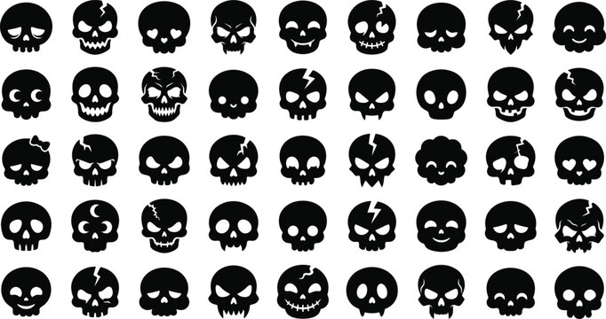 Four stylized skull illustrations with expressions in flat black vector design