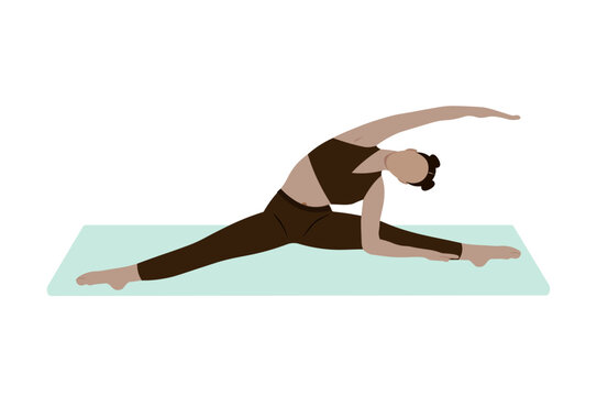 Woman wearing sportswear performing Parivrtta Janu Sirsasana yoga pose. Seated side stretch with legs apart. Concept of flexibility, stretching, and physical wellness. Vector not AI generated.