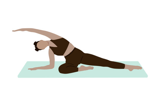 Woman performing Parivrtta Janu Sirsasana yoga pose. Female performing a yoga stretch with one arm overhead and one leg bent. Concept of exercise, balance, flexibility, and fitness. Vector