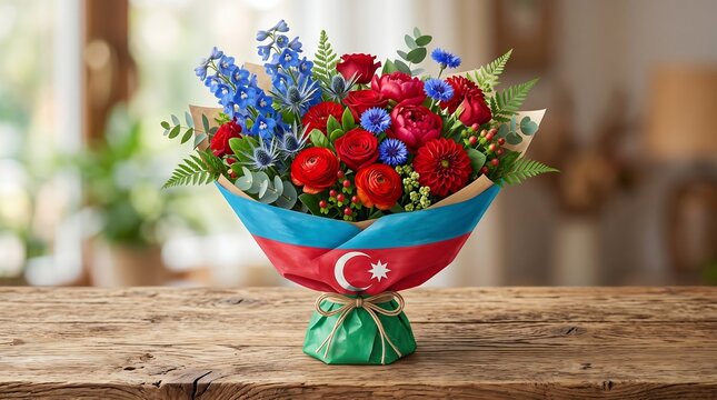 Stunning bouquet of red and blue flowers wrapped in paper featuring the national flag of Azerbaijan on a wooden table