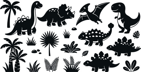 Cute Cartoon Dinosaur Silhouette Grid Baby Prehistoric Characters and Tropical Plant Icons © MirzaAsmaul
