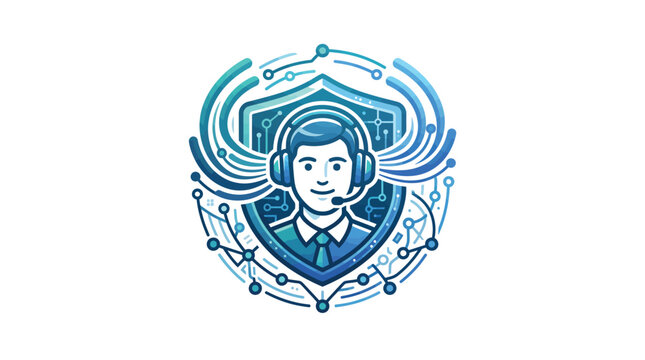 Digital support representative wearing a headset inside a blue shield icon with glowing circuit lines