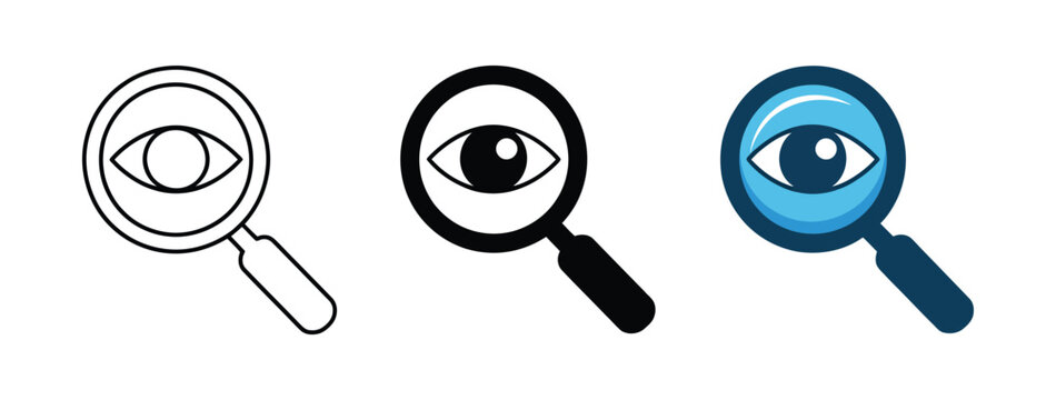 Eye view spying icons featuring abstract surveillance eye graphics, representing monitoring, privacy control, detection, and security system concepts.