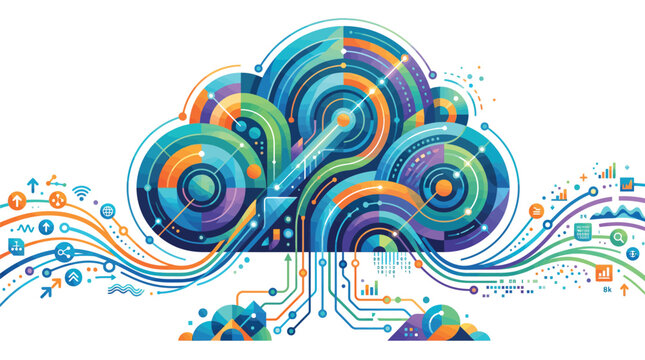 Abstract digital cloud computing concept featuring vibrant colorful geometric patterns and intricate interconnected data network lines