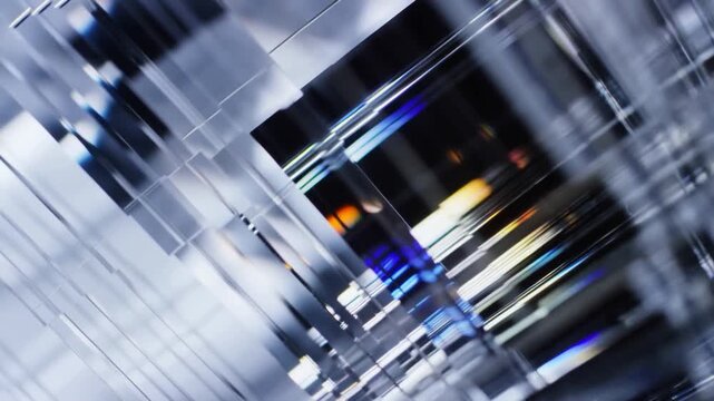 Tracking shot of glass prisms and panels streaking and refracting light across reflective surfaces inside abstract interior installation