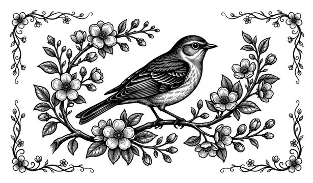 bird on branchVintage Black Engraved Spring Bird Silhouette Set Sitting on Blooming Flower Branches Isolated on White Background